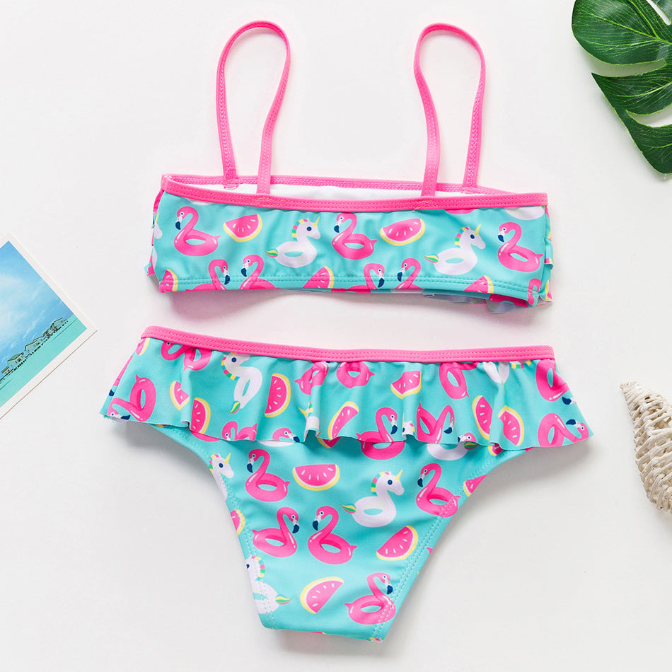 3-16 ans Maillot de bain deux pièces pour filles Motif dessin animé Volants Maillot de bain Bikini Set Épaule unique Tenue de plage Princesse Deux pièces Maillot de bain Maillot de bain enfant Filles Maillot de bain Bikini Set