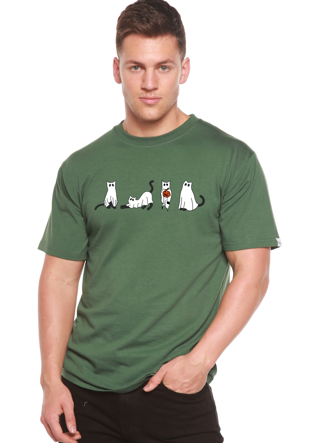T-shirt graphique à manches courtes en viscose de bambou/coton biologique pour homme - Chats d'Halloween