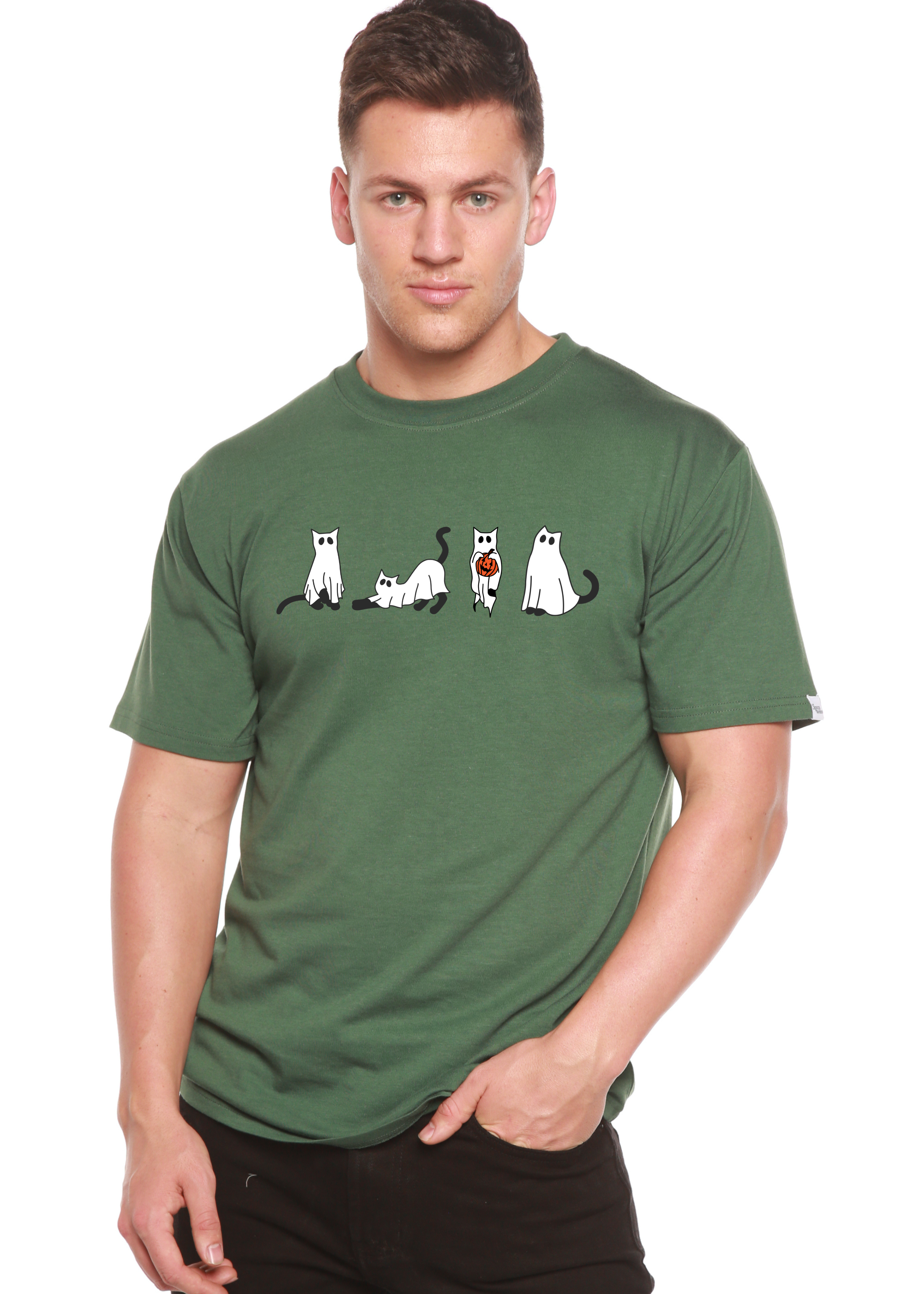 T-shirt graphique à manches courtes en viscose de bambou/coton biologique pour homme - Chats d'Halloween
