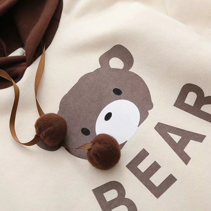 Sweat à capuche femme avec oreilles d'ours, manches longues, ruban, pompon, mignon, pull à capuche, haut, sweat-shirt à capuche