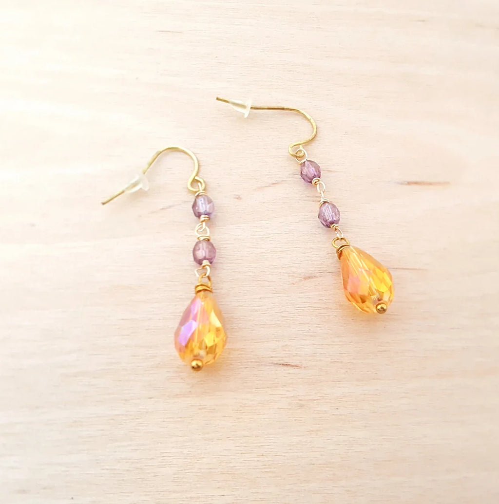 Purple & Orange Czech Glass Beaded Drop Earrings
