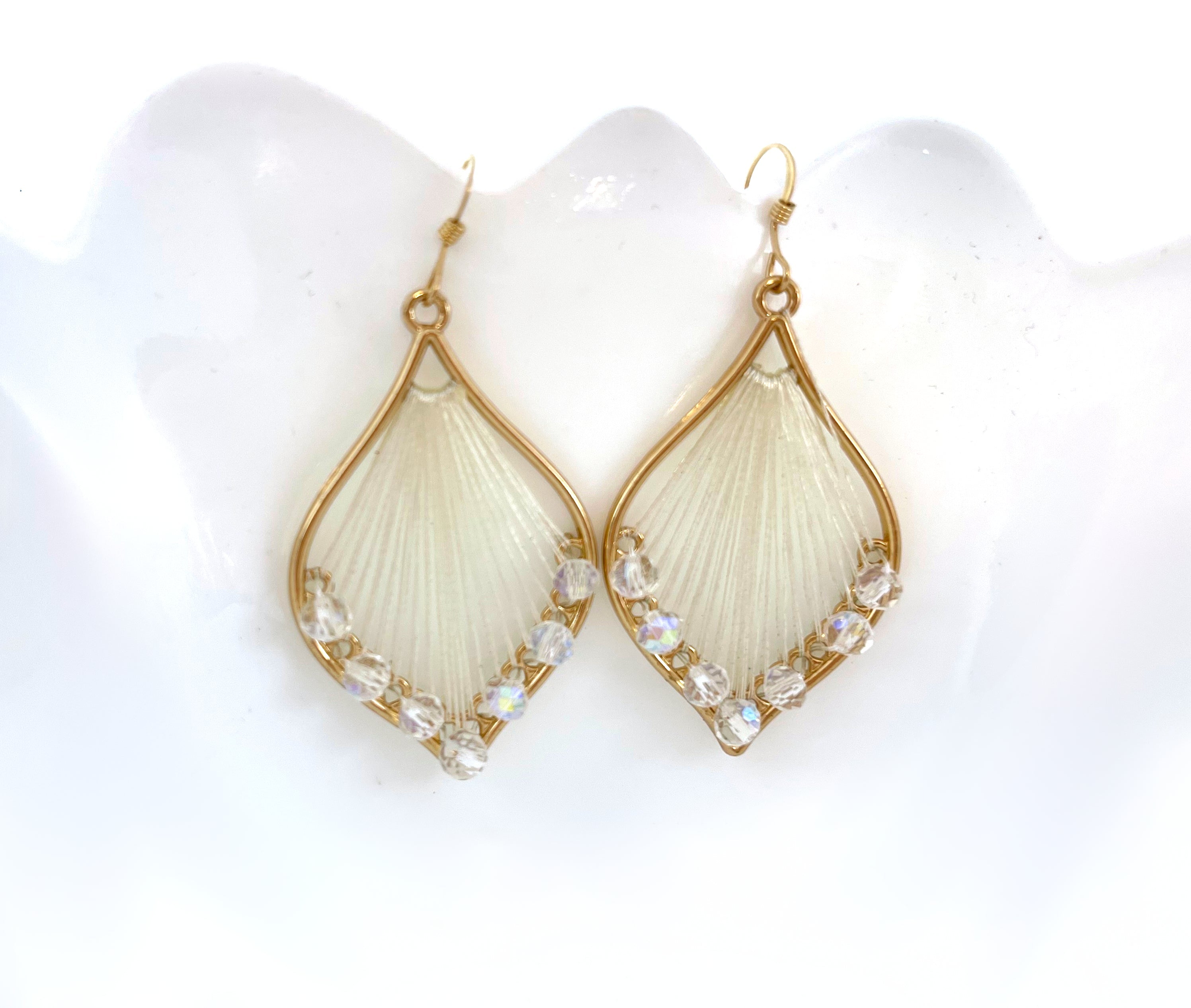 White Woven Thread and Crystal Beaded Earrings