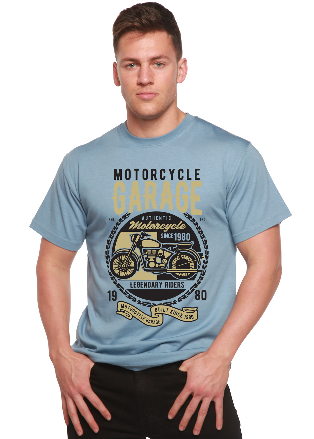T-shirt graphique à manches courtes pour homme, en bambou, viscose et coton biologique, motif garage moto