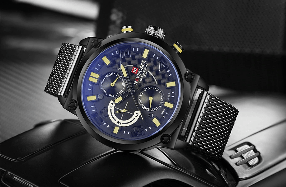 Montres à Quartz Analogiques Multifonctions pour Hommes, Étanche avec Bracelet en Maille d'Acier Inoxydable, Excellent Design, Cadeau Parfait