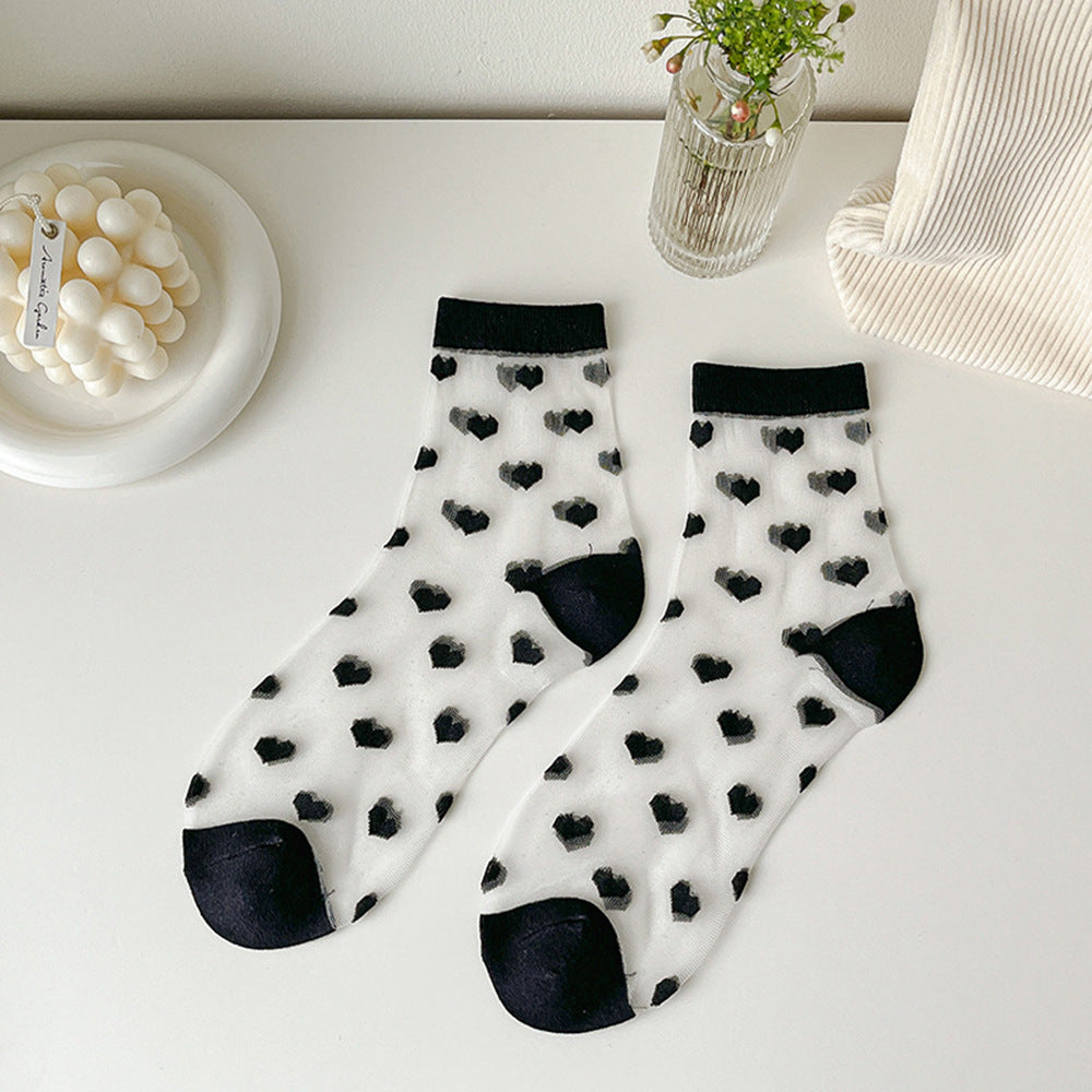 Chaussettes pour femmes Nouvelle mode longues transparentes avec motif de cœur mignon, chaussettes fines pour femme, été décontractées, chaussettes amusantes et élégantes à la cheville pour femmes