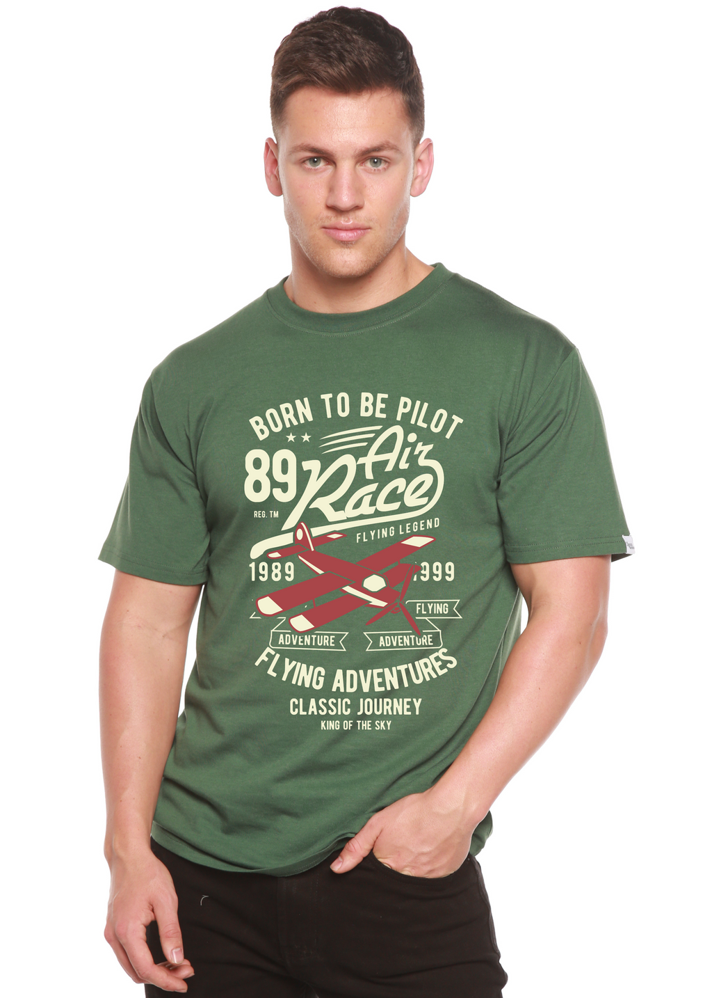 T-shirt graphique à manches courtes pour homme en viscose de bambou/coton biologique motif "Born To Be Pilot"
