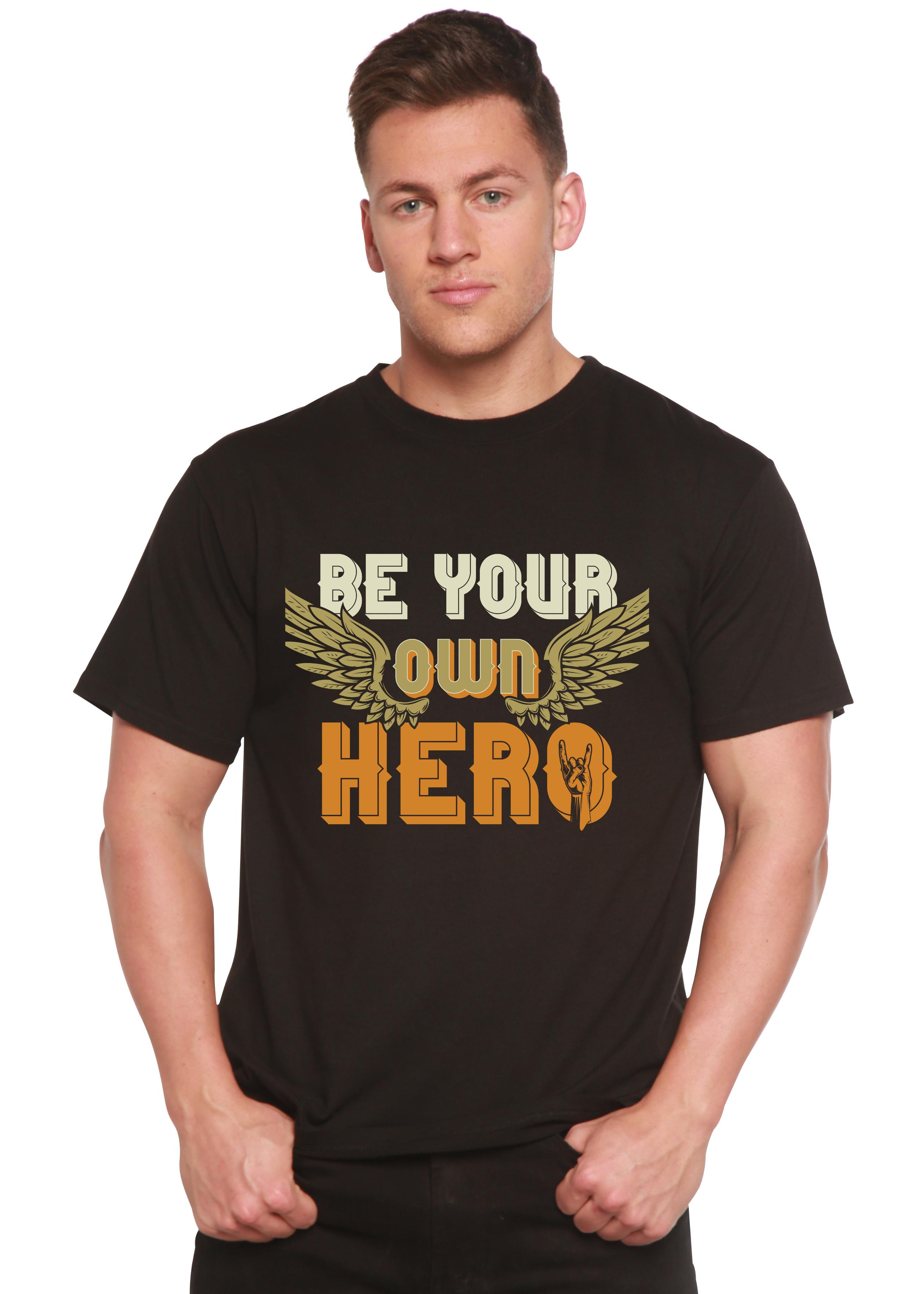 T-shirt graphique à manches courtes pour homme en viscose de bambou/coton biologique "Be Your Own Hero"