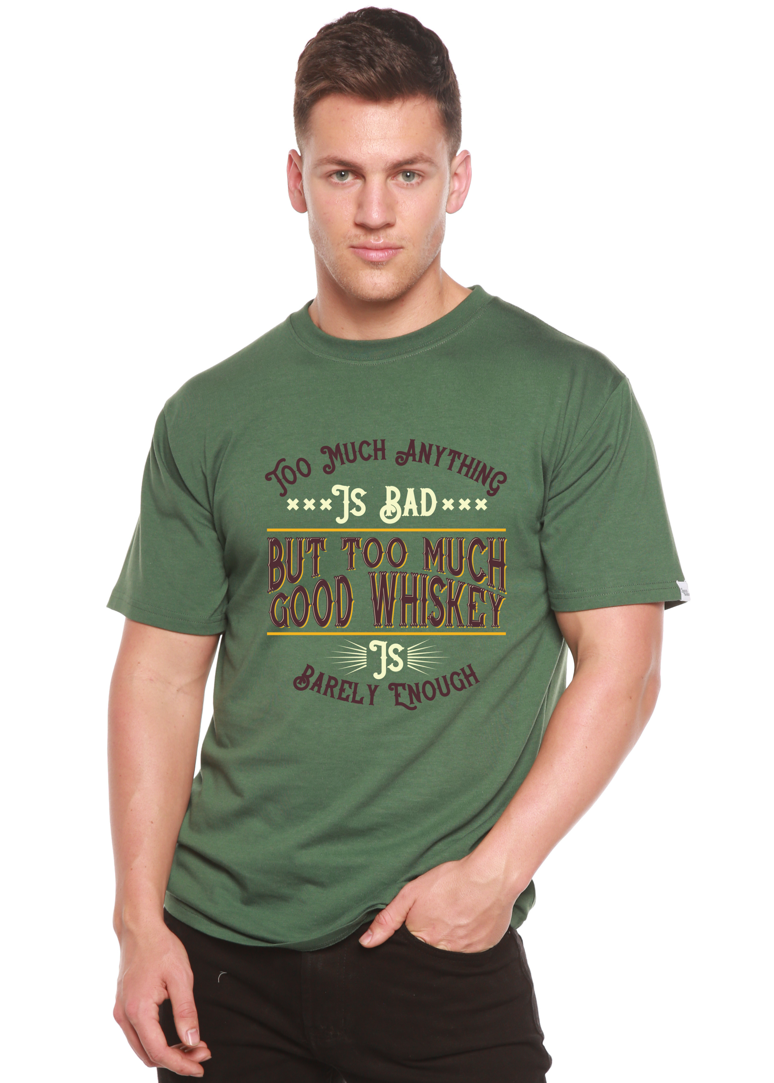 T-shirt graphique à manches courtes en viscose de bambou/coton biologique pour homme But Too Much Good Whiskey