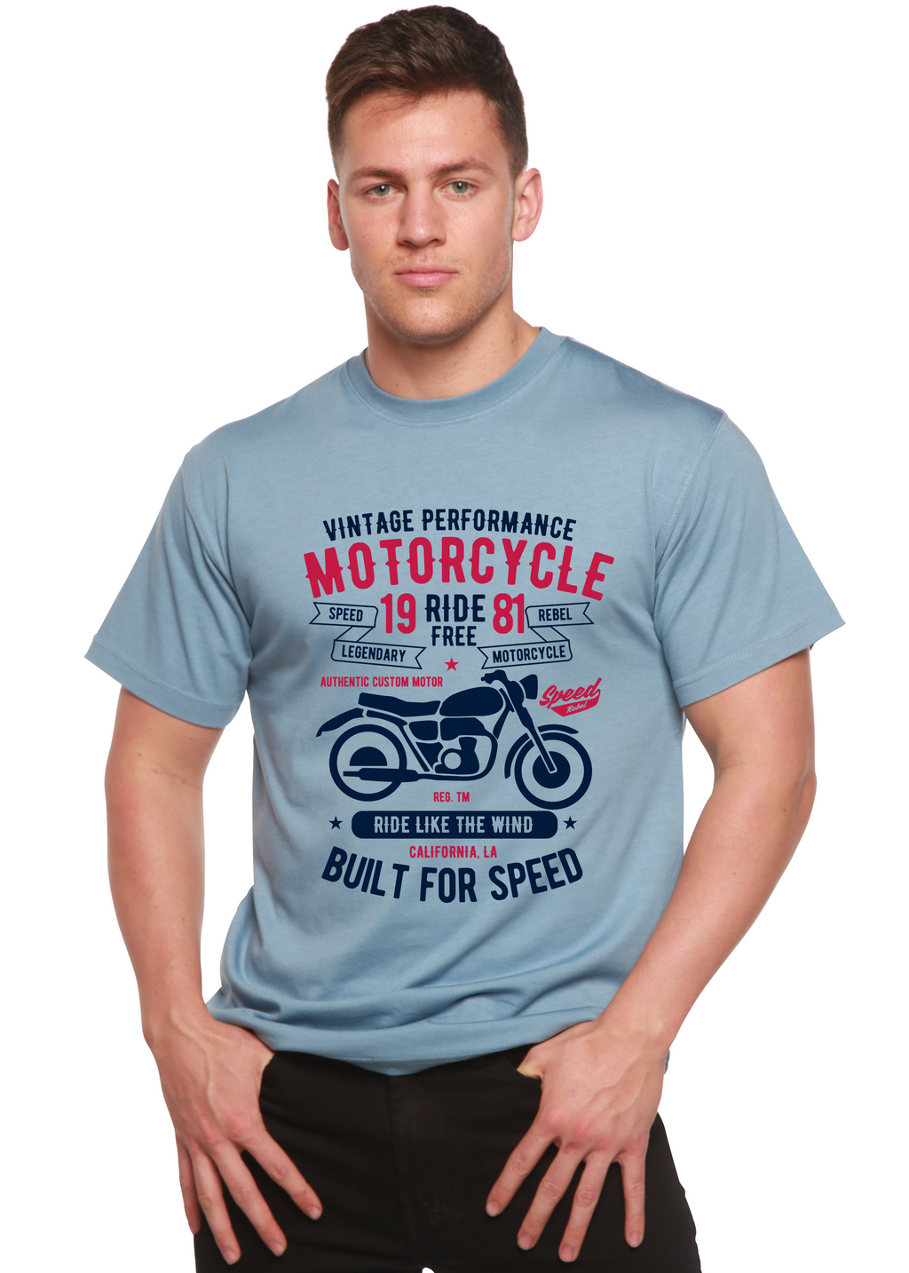T-shirt graphique à manches courtes pour hommes en bambou/coton biologique "Motorcycle Ride Free"