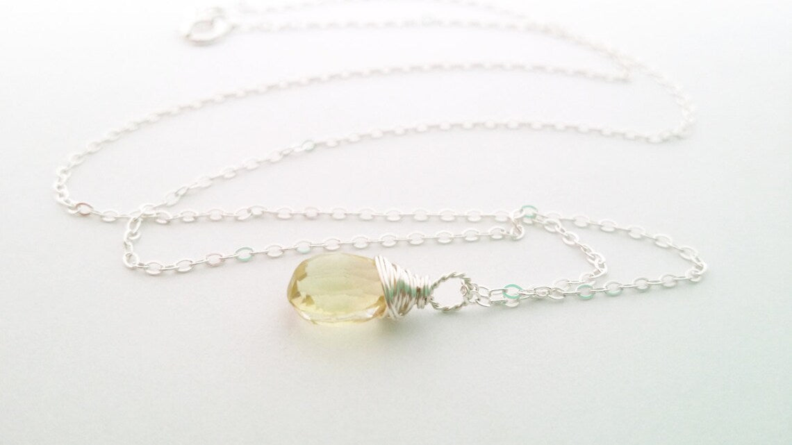 Collier Citrine Jaune - Pierre de Naissance de Novembre - Collier Gouttelette Délicate - Collier en Argent Sterling