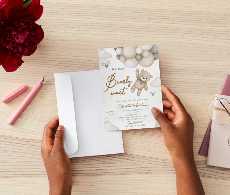 We Can Bearly Wait Baby Shower Invitation – Editable Canva Template