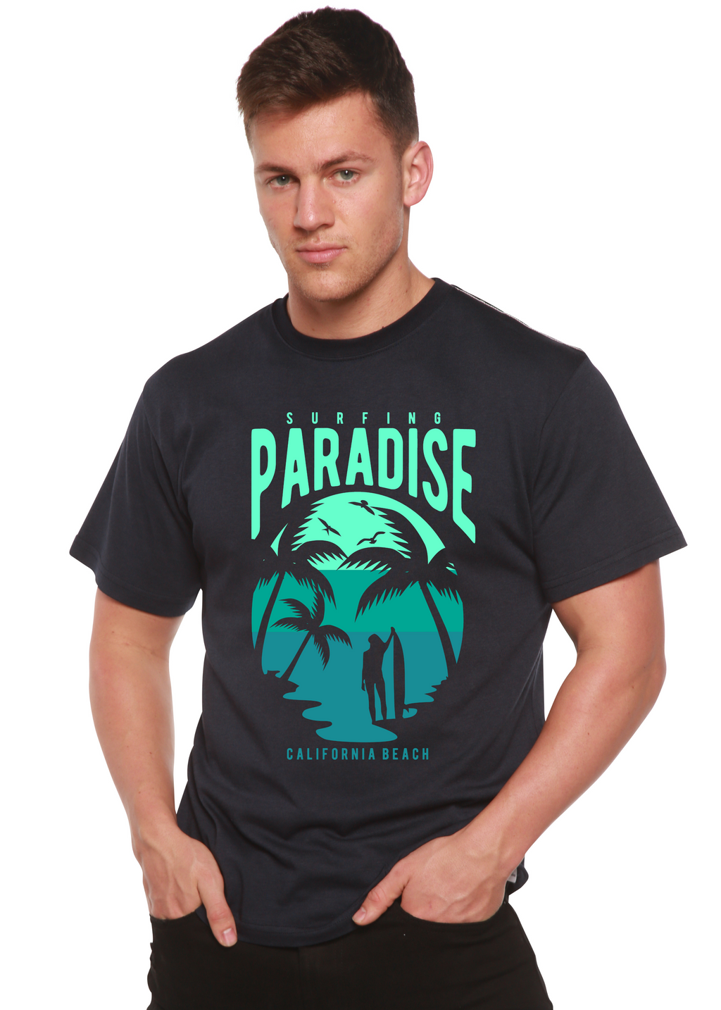 T-shirt graphique à manches courtes pour homme en viscose de bambou/coton bio Surfing Paradise California Spun Bamboo®