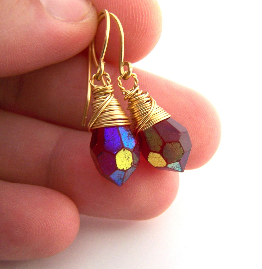 Red Czech Glass Crystal Gold Filled Wire Wrapped Dainty Drop Earrings