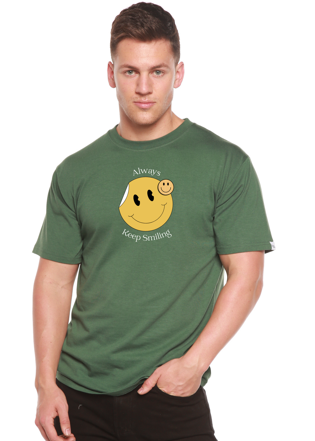 T-shirt graphique à manches courtes en bambou-viscose/coton biologique pour homme avec inscription « Always Keep Smiling »