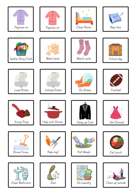 Tableau des tâches modifiable pour enfants – Modèle Canva avec plus de 100 fiches de tâches visuelles imprimables