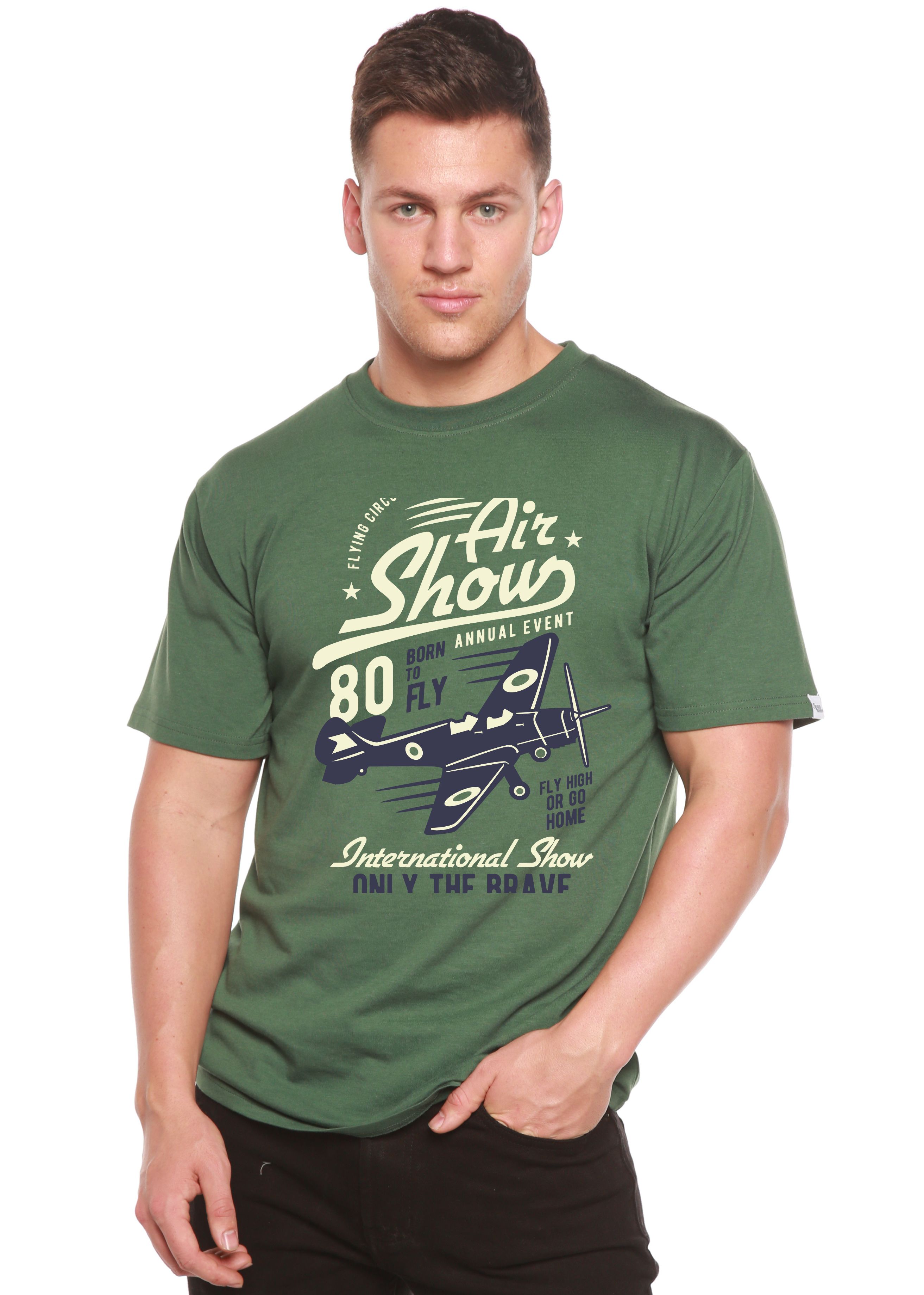 T-shirt à manches courtes avec motif graphique en viscose de bambou et coton biologique pour homme, motif « Meeting aérien »