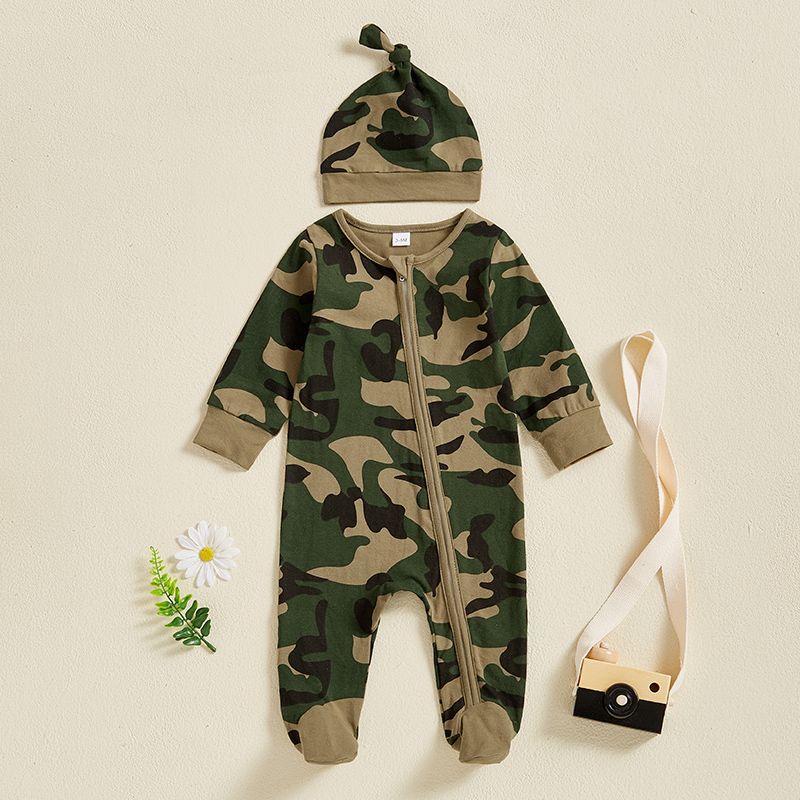 Barboteuse camouflage militaire pour bébés filles et garçons, combishort décontracté mignon à fermeture éclair avec bandeau et chapeau pour filles et garçons