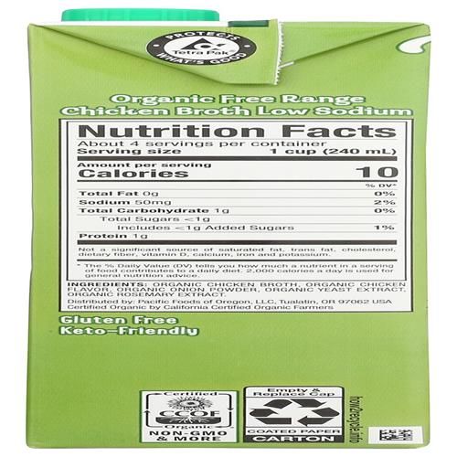 Bouillon de poulet biologique fermier à faible teneur en sodium Pacific Foods, 946 ml