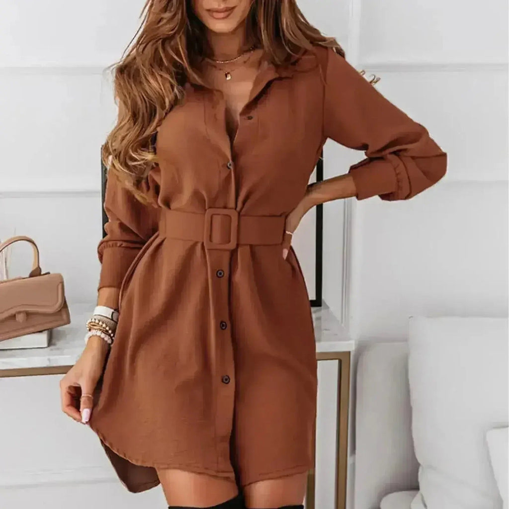Robe chemise décontractée ajustée coupe trapèze à manches longues, longueur genou
