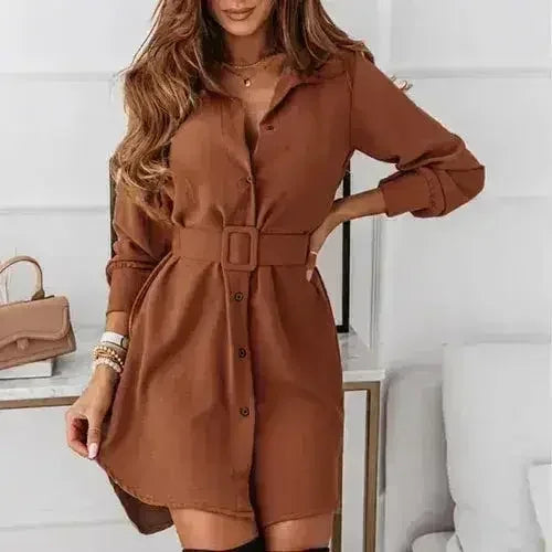 Robe chemise décontractée ajustée coupe trapèze à manches longues, longueur genou