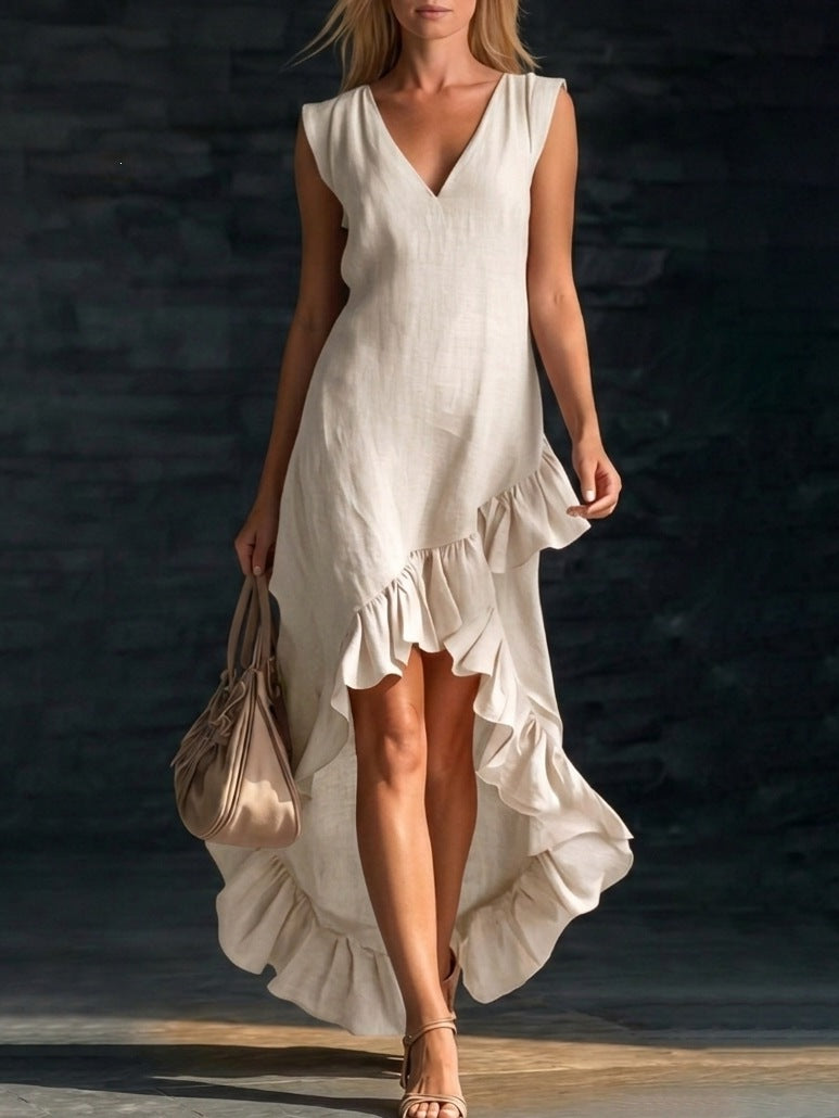 Robe longue en coton et lin sans manches à col en V et ourlet à volants pour femme