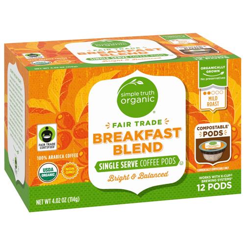 Café en dosettes torréfaction légère mélange petit-déjeuner biologique Simple Truth, 12 unités