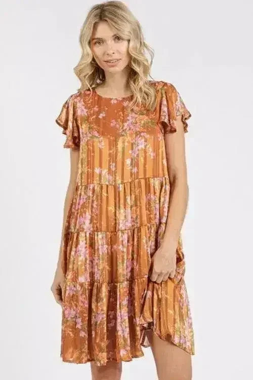 Robe caramel étagée à manches volantées imprimé fleuri – femstylo