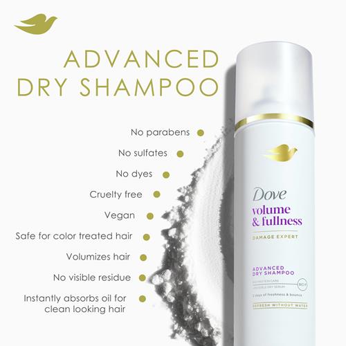 Dove Shampooing Sec Advanced Volume & Éclat Rafraîchit & Redonne du Corps aux Cheveux Plats Sans Eau Pour 2 Jours de Fraîcheur & de Volume 142g