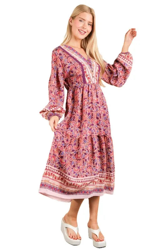 Robe d'été bohème à col en V, manches ballon et imprimé fleuri – Robe bohème à col en V, Robe à manches ballon, Robe à imprimé fleuri, Robe bohème féminine, Robe d'été chic