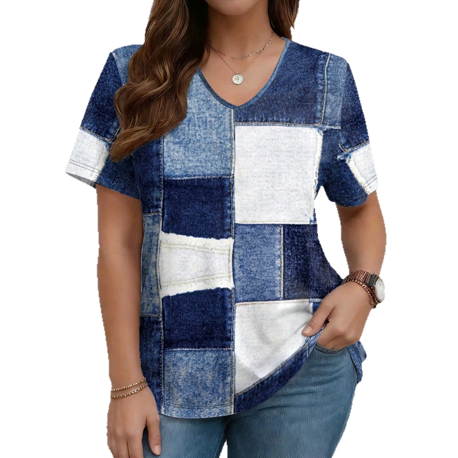 T-shirt en jean à col en V et manches courtes | T-shirt décontracté ample