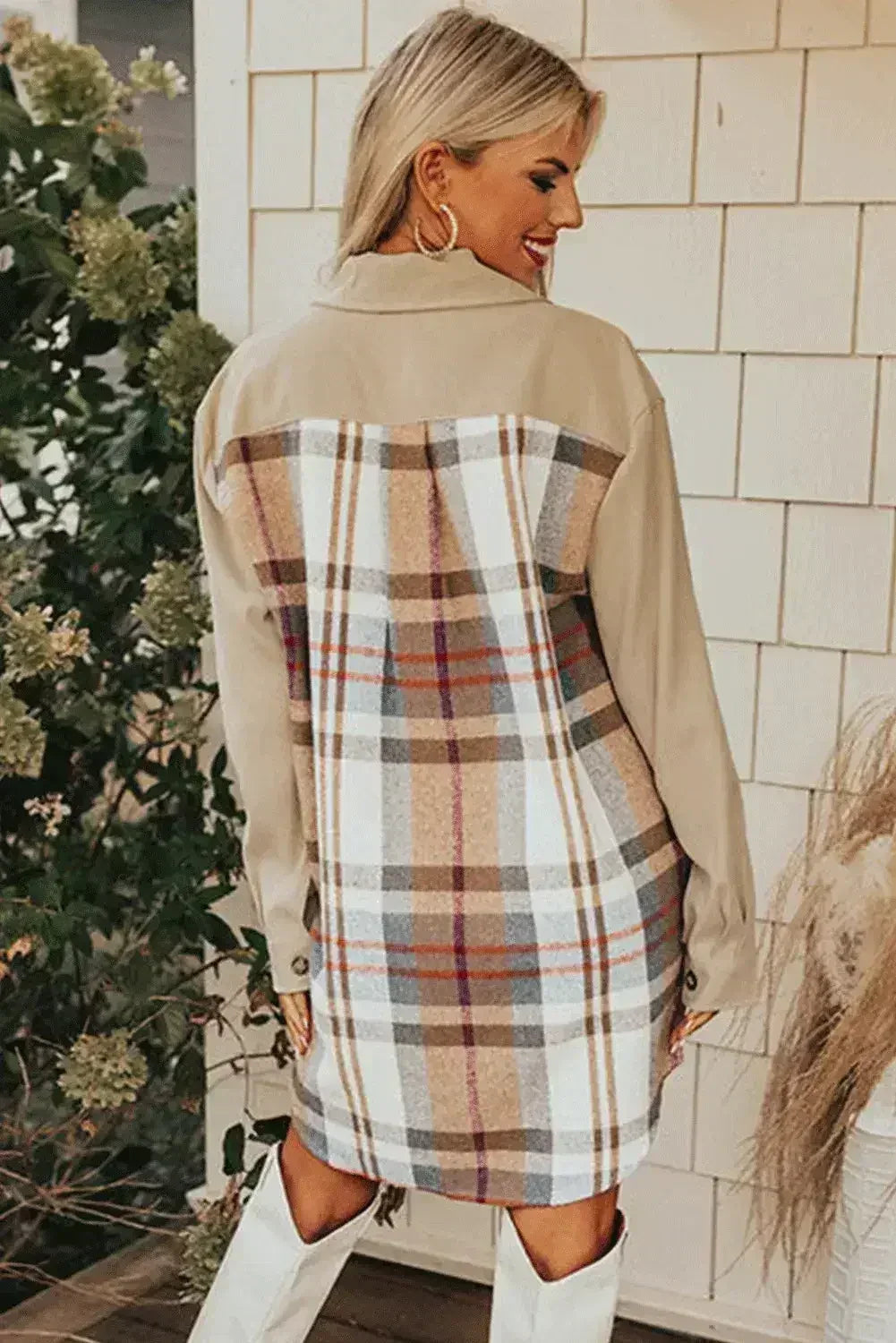 Mini-robe à manches longues patchwork à carreaux kaki avec poches
