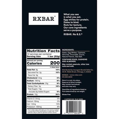 Barres protéinées Rxbar, collation protéinée, barres collation, chocolat et sel marin, boîte de 624g (12 barres)