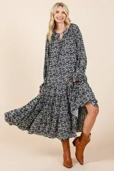 Robe midi à imprimé, col lavallière et manches volantées Mittoshop