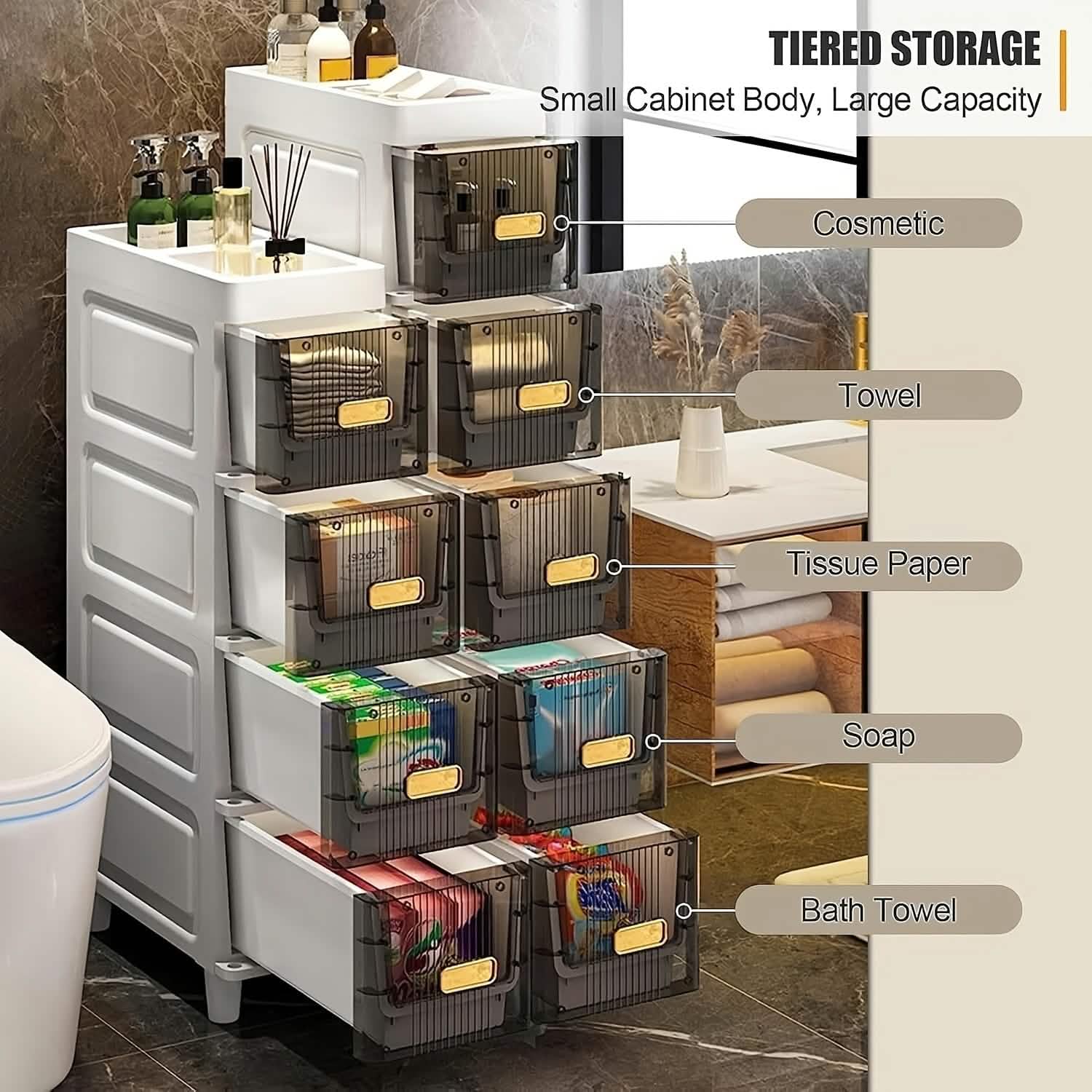 Meuble de rangement à tiroirs multiples et peu profond – 3, 4 ou 6 niveaux