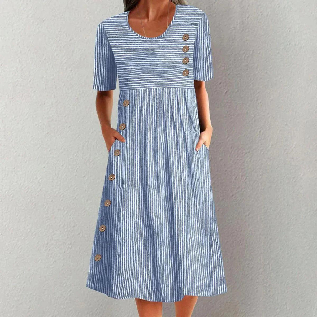 Robe longue trapèze boutonnée à manches courtes et poches