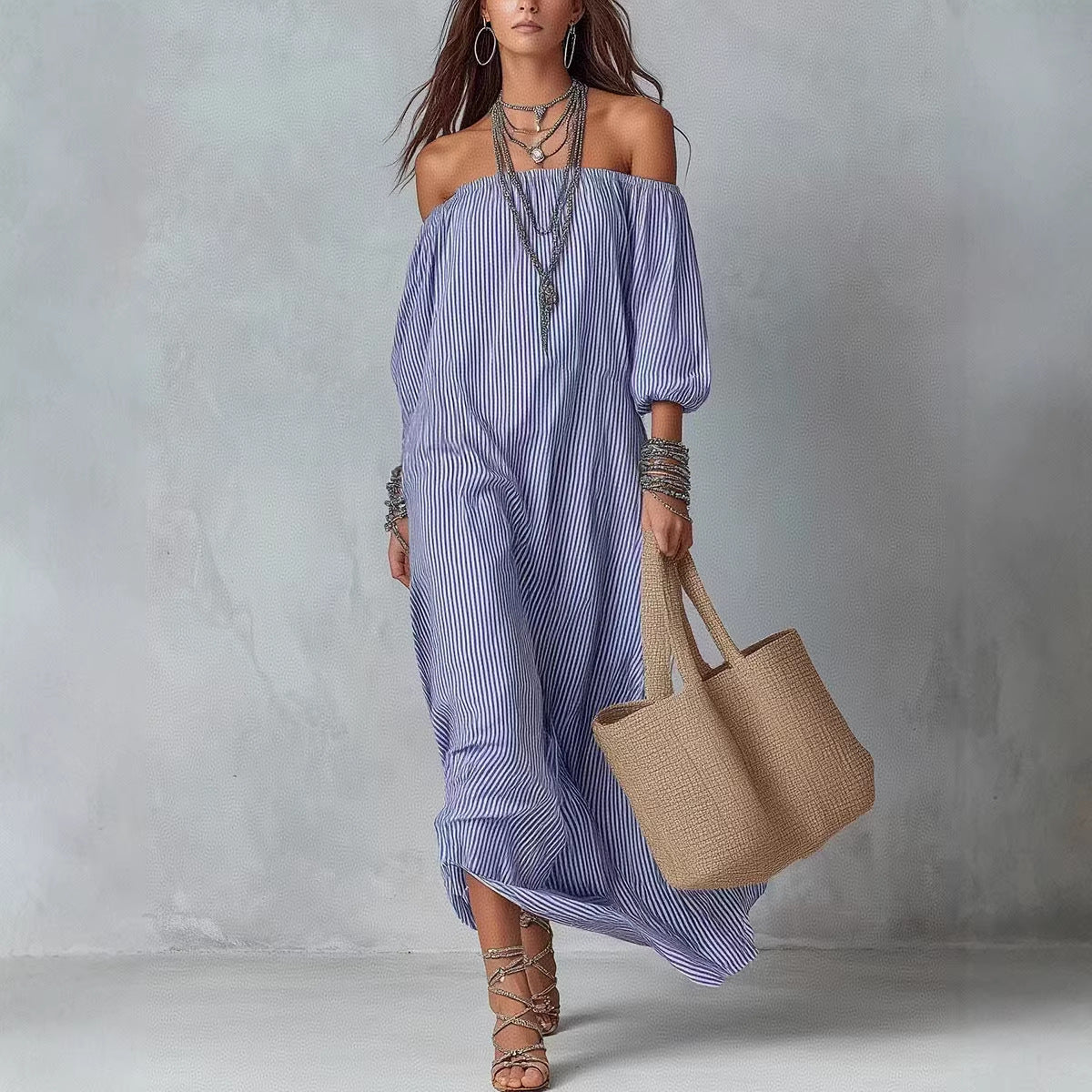 Robe longue évasée ample à rayures pour femme – Vacances