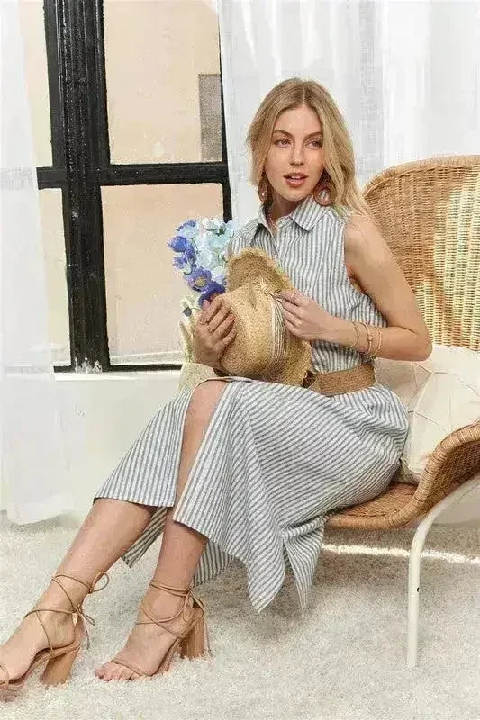 Robe boutonnée ADORA à rayures – Coton midi sans manches