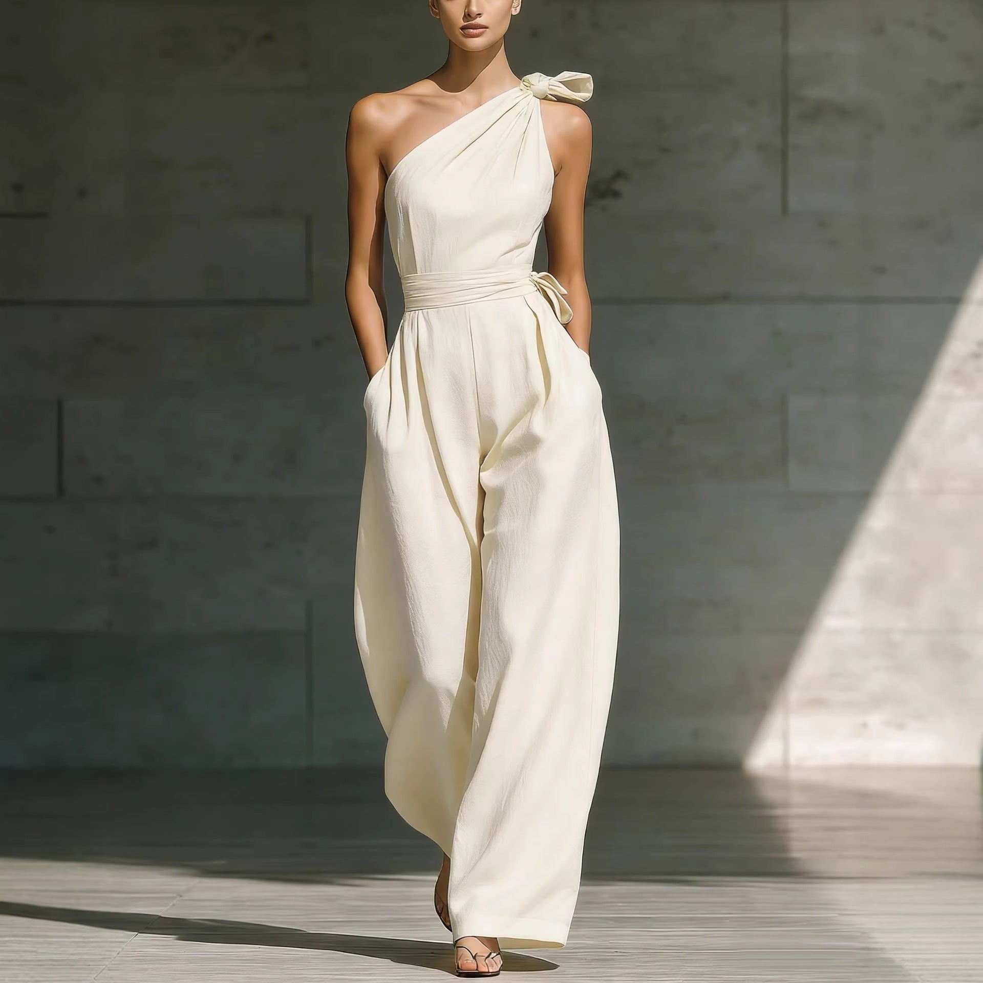 Combinaison ample sans manches à épaules dénudées avec ceinture et jambes larges pour femme