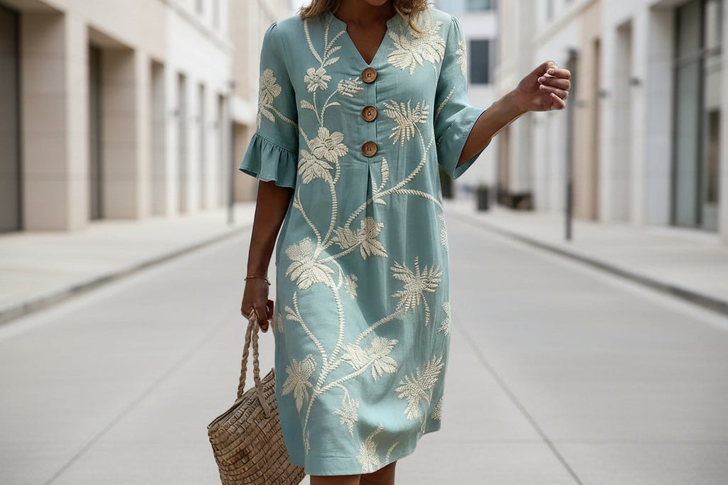 Robe ample d'été à col en V imprimé noix de coco pour femme avec manches trois quarts
