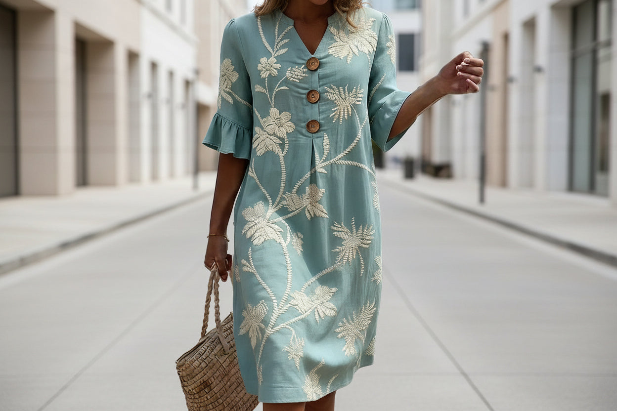 Robe ample d'été à col en V imprimé noix de coco pour femme avec manches trois quarts