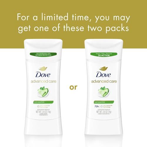 Bâton déodorant anti-transpirant Dove Advanced Care Cool Essentials qui aide à réparer la barrière cutanée après le rasage, avec une protection de 72 heures contre la sueur et les odeurs, 74 g