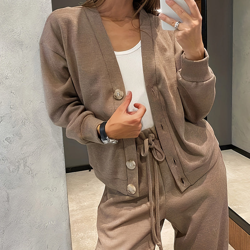 Cardigan en maille décontracté avec poche et pantalon de survêtement à cordon de serrage