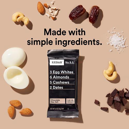 Barres protéinées Rxbar, collation protéinée, barres collation, chocolat et sel marin, boîte de 624g (12 barres)