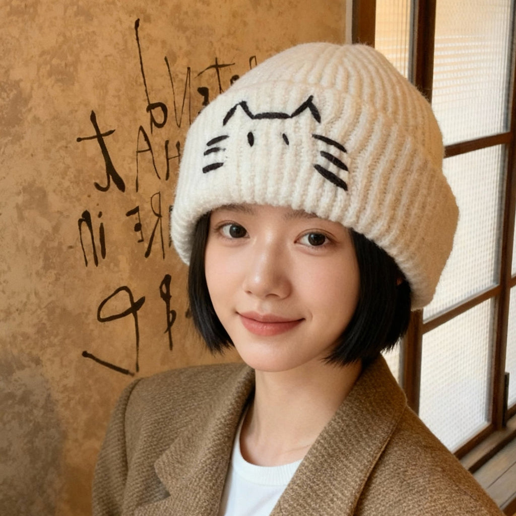 Bonnet tricoté femme motif chat mignon – Bonnet chaud automne et hiver