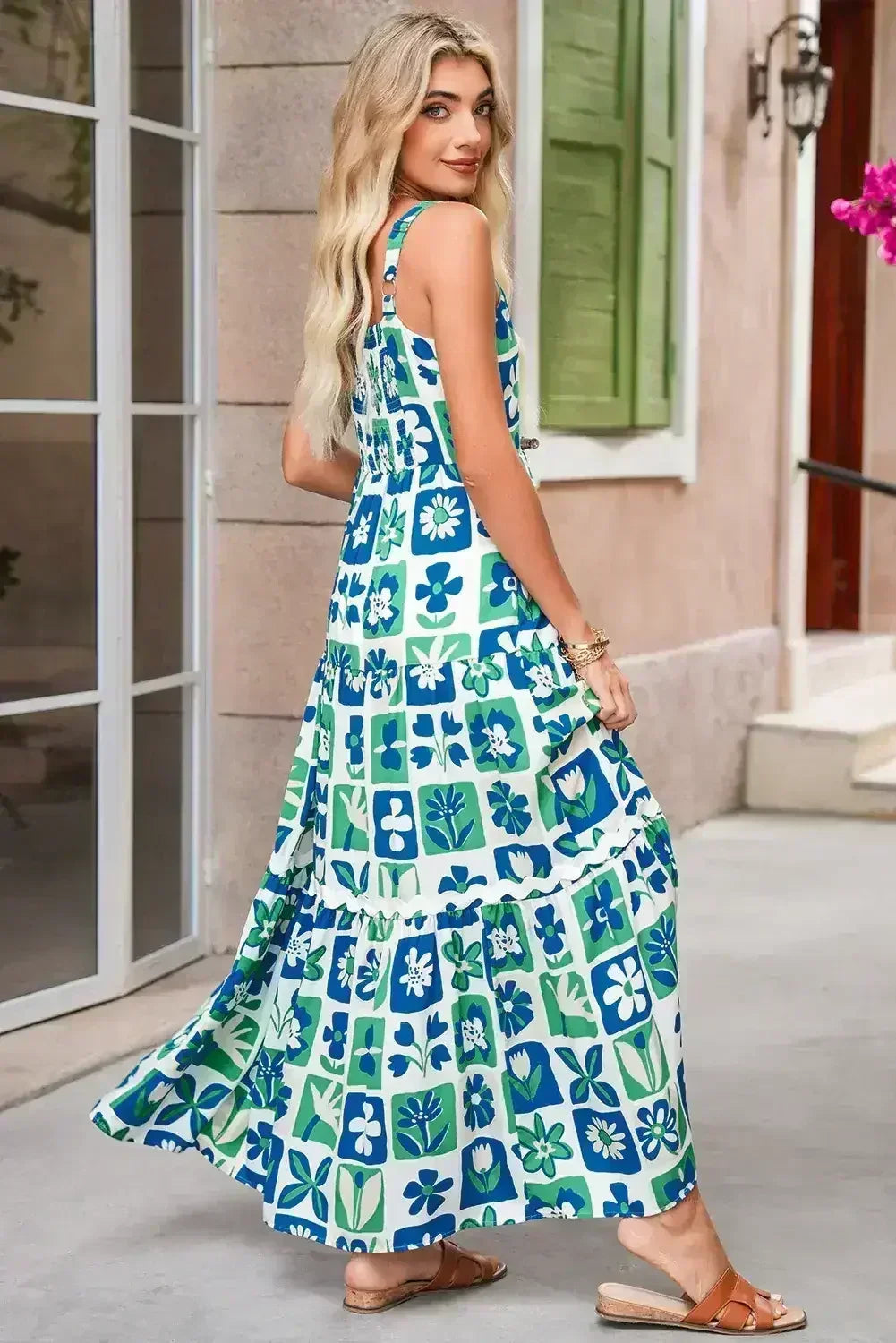 Robe longue multicolore bohème à carreaux fleuris