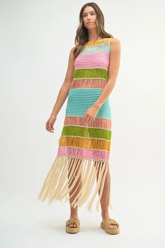 Robe Femme Tricotée au Crochet Franges Multicolores – Robe Tricotée au Crochet, Robe à Franges, Robe Multicolore, Robe Tricotée Bohème, Robe de Festival