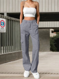 Pantalon de travail taille haute pour femme - Pantalon cargo décontracté à jambes larges