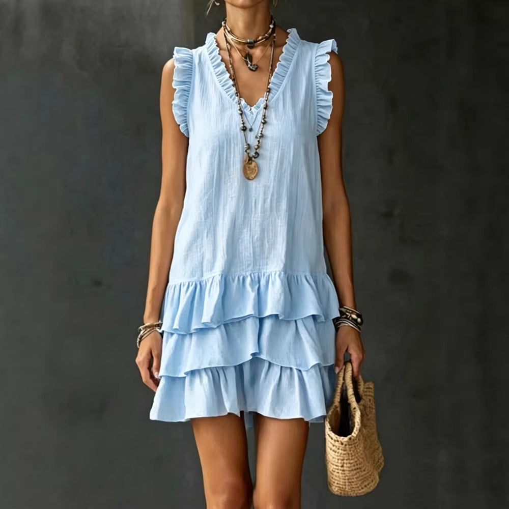 Robe midi sans manches à volants et encolure en V – 4 couleurs, du S au XXL