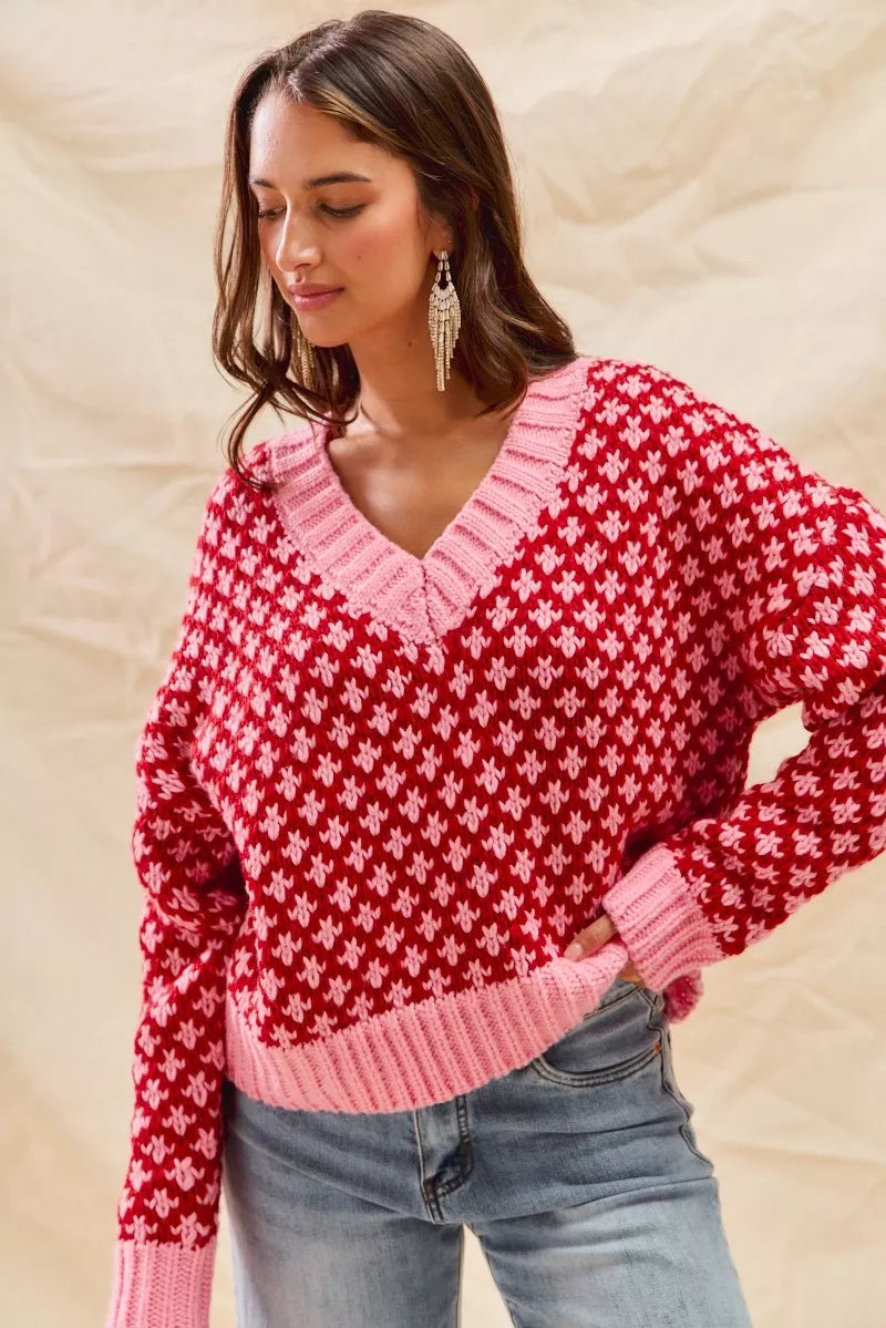 SO ME Pull de Noël texturé à blocs de couleurs avec décolleté en V