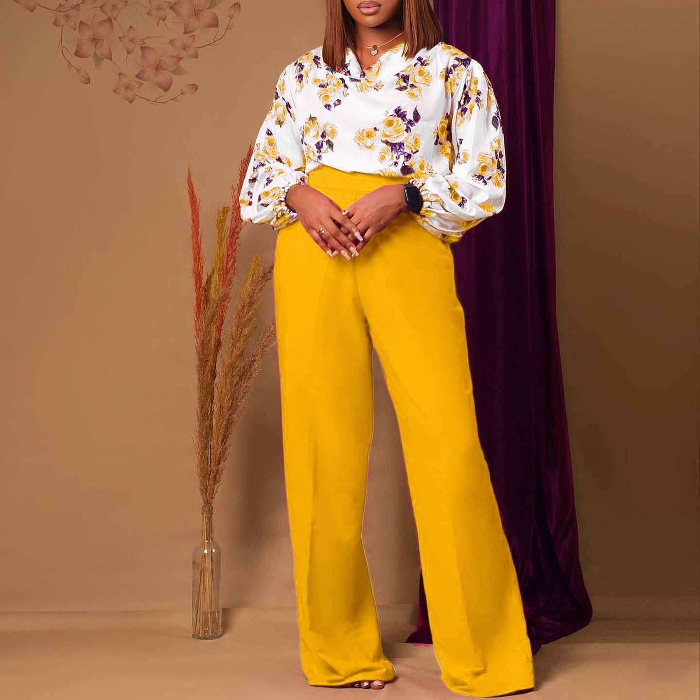 Ensemble Haut Lacé Imprimé Floral & Pantalon Large – 4 Couleurs, S–3XL
